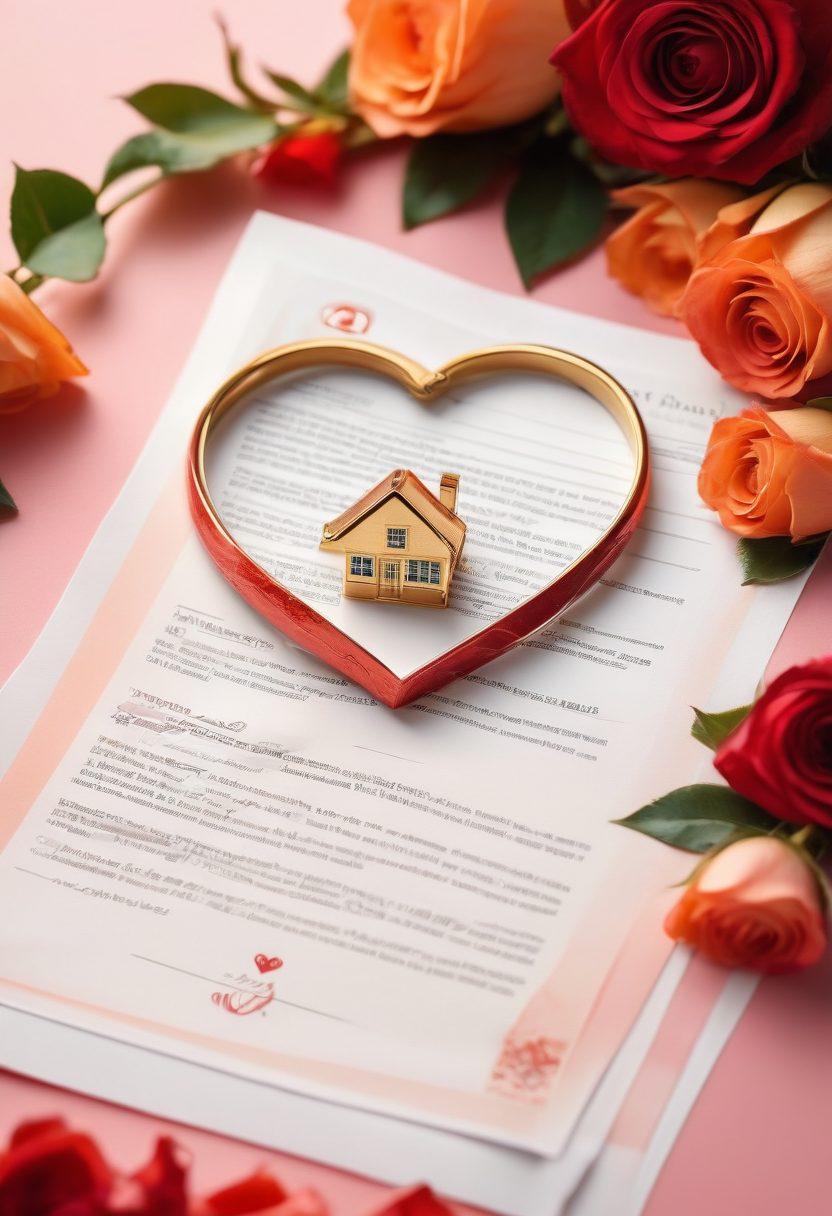 A heart-shaped insurance policy document intertwined with symbols of love such as roses, rings, and couples holding hands. The background features soft, warm colors to evoke a sense of passion and security. Subtle icons representing different types of insurance float around the document. The overall composition conveys a harmonious blend of love and protection. super-realistic. vibrant colors. soft-focus background.