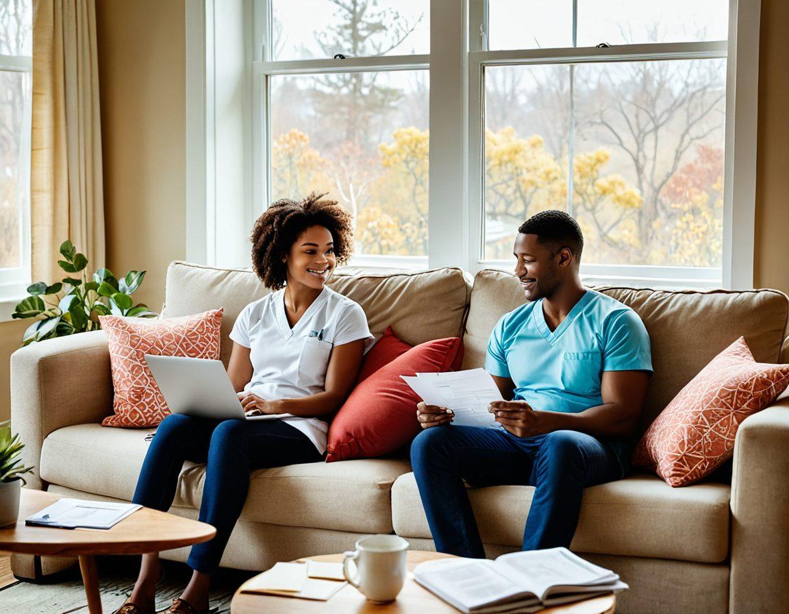 A cozy living room featuring a couple discussing health insurance options together, surrounded by paperwork and a laptop. Soft natural light streaming through the window, with heart-shaped decorations subtly placed around the room. Visual elements representing health and love, like stethoscopes, hearts, and insurance documents, arranged harmoniously. warm colors. intimate atmosphere. digital illustration.