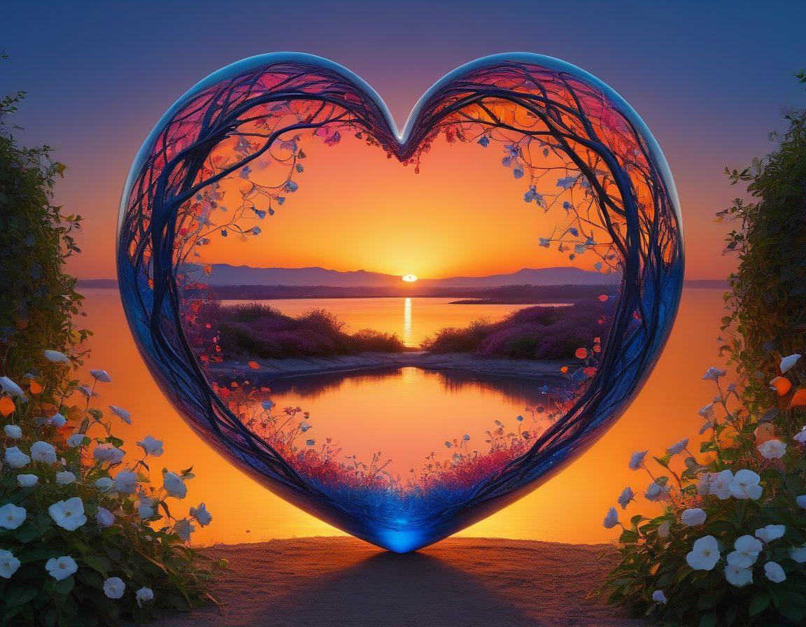 A heart split in half, one side vibrant with colorful flames representing passion, and the other side shielded by a translucent, protective bubble symbolizing insurance and security. Intertwined vines of flowers and safety nets surround the heart, showcasing harmony in love and protection. The background features a serene sunset blending warm and cool tones, emphasizing balance. super-realistic. vibrant colors. 3D.